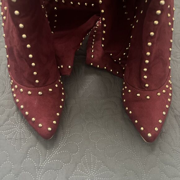 MACKIN J 181-1 Maroon Faux Suede Thigh High Pointy Toe Studded Stiletto Boot SZ8 - Picture 6 of 12
